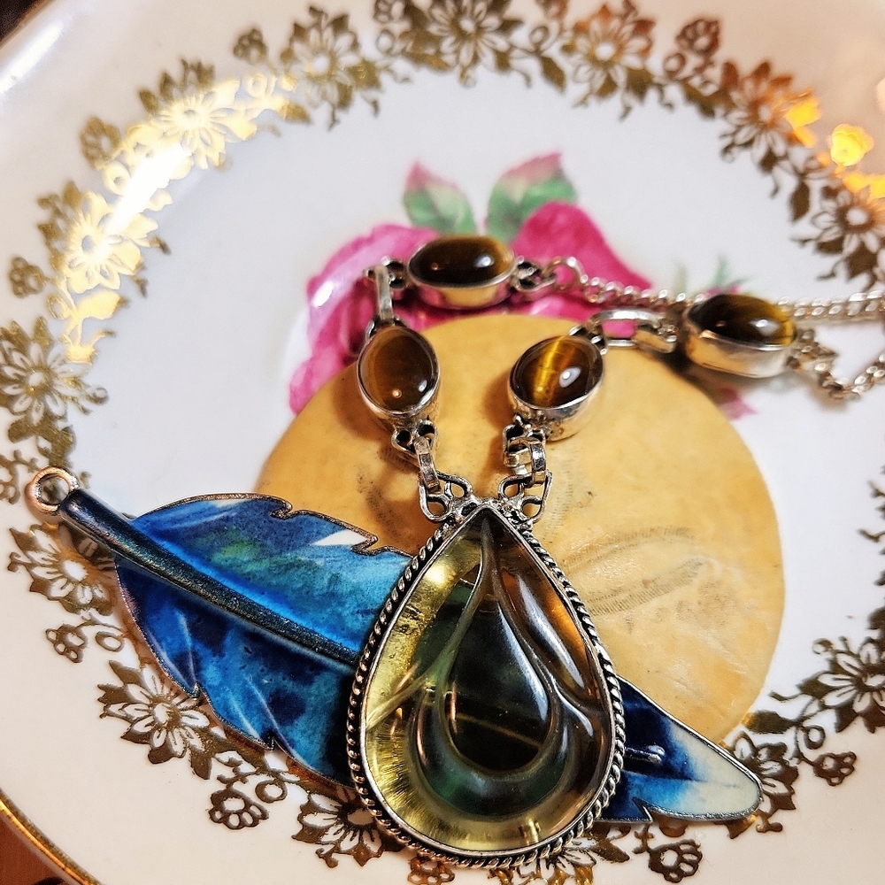 Xlarge, Beautiful Carmel-Colored, Oval-Shaped Carved Glass Pendant/Tiger Eye Pcs